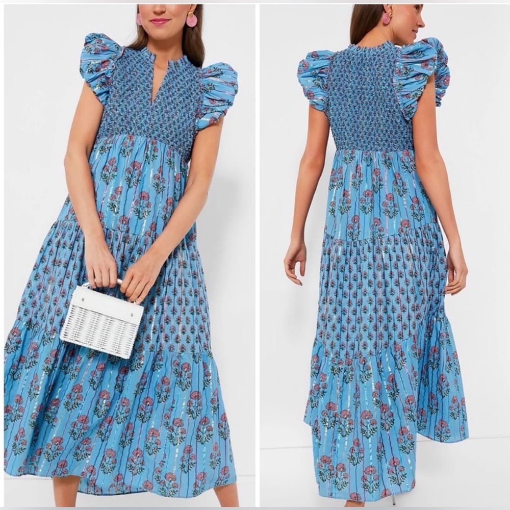 Saylor Almina Blue Floral Metallic Striped small. EUC . MIDI